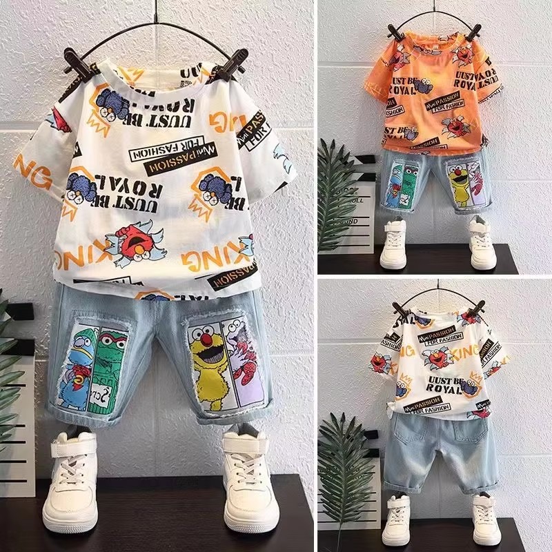 Baby Clothing Drawing - เสื้อยืดแขนสั้นลายการ์ตูนน่ารัก กางเกงยีนส์ขาสั้น ชุด 2 ชิ้น เสื้อผ้าเด็กผู้ชายฤดูร้อน