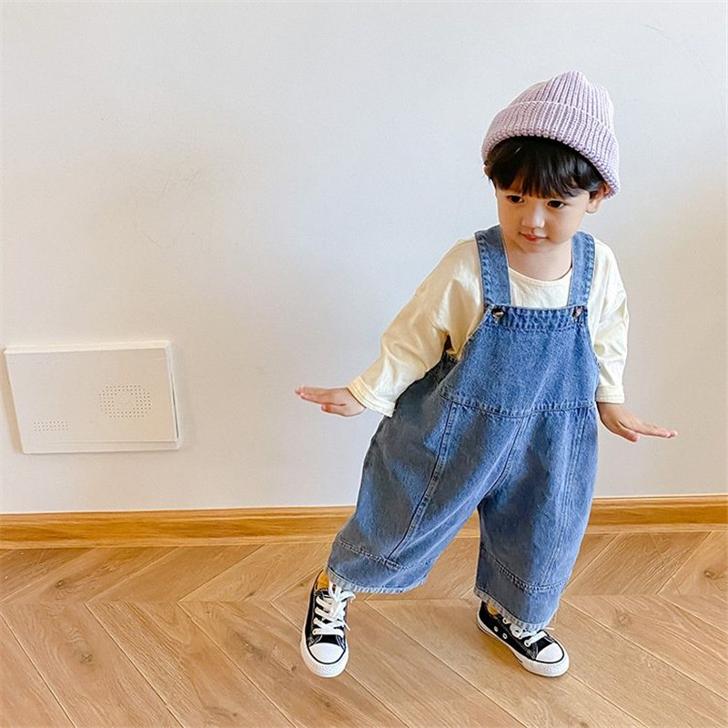 Baby Overall Denim - กางเกงขากว้างทรงหลวมสำหรับเด็ก, ใหม่ฤดูใบไม้ร่วงกางเกงเด็กผู้ชายผ้ายีนส์สายเอี๊ยมยีนส์ทันสมัยสำหรับเด็กผู้ชายกางเกงสวมใส่ด้านนอกลำลองแบบต่างประเทศ