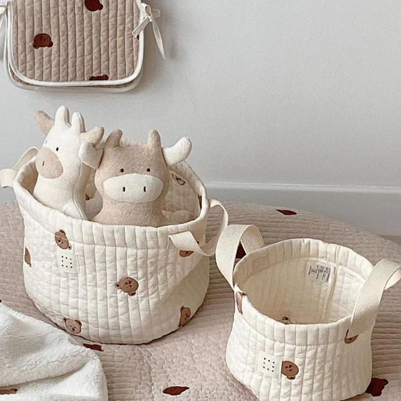Baby Clothing Storage - หมีน่ารักเย็บปักถักร้อยกระเป๋าผ้าอ้อมผ้าอ้อมผ้าฝ้ายกระเป๋าแม่ทารกแรกเกิดเด็กทารกเก็บกระเป๋าตะกร้าสําหรับซักรีดเสื้อผ้าของเล่น