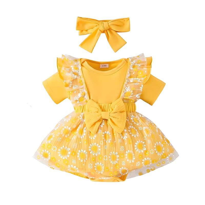 Baby Yellow Clothing Women - 0-18 เดือนเสื้อผ้าเด็กผู้หญิง 3 ชิ้นชุดฤดูร้อนแขนสั้นสีเหลืองชุดบอดี้สูท+ ชุดเดรสตาข่าย+ ที่คาดผมชุดทารกแรกเกิด
