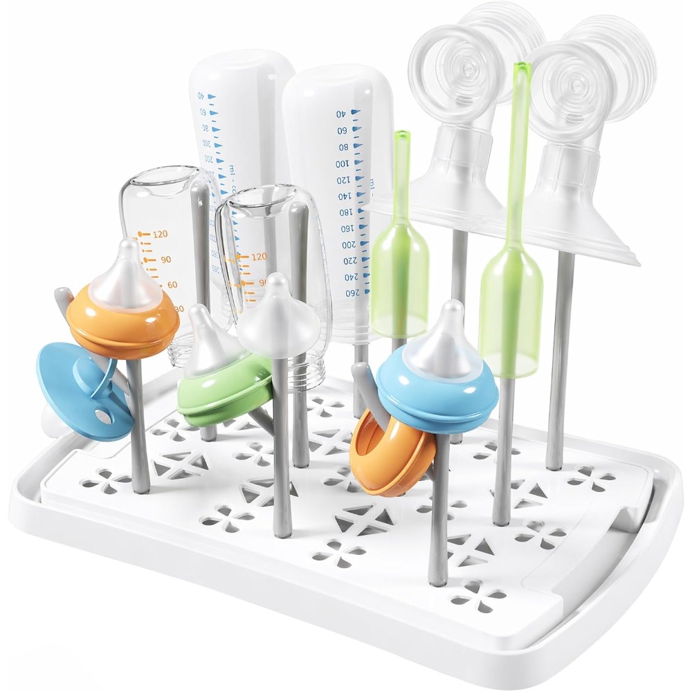 Baby Clothing Storage - ชั้นวางขวดนมพร้อมถาด ชั้นวางขวดนมแบบพกพาสำหรับใช้ในบ้านและการเดินทาง ประหยัดพื้นที่ ที่วางสำหรับจุกนม ชิ้นส่วนปั๊มนม จุกนมหลอก