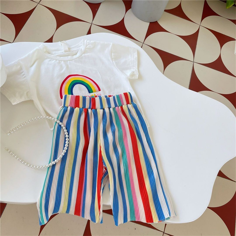 Baby Clothing Drawing - 2024ชุดฤดูร้อนของเด็กชุดเสื้อและกางเกงแขนสั้นน่ารักเด็กผู้หญิงใหม่กางเกงจีบสีรุ้ง12M-8Y สองชิ้น